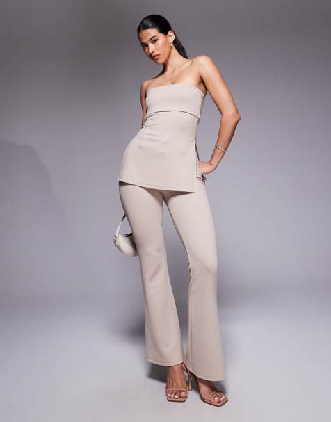 ASOS DESIGN – Slim-Fit-Schlaghose aus Jersey-Twill in Stein, Kombiteil - view 1