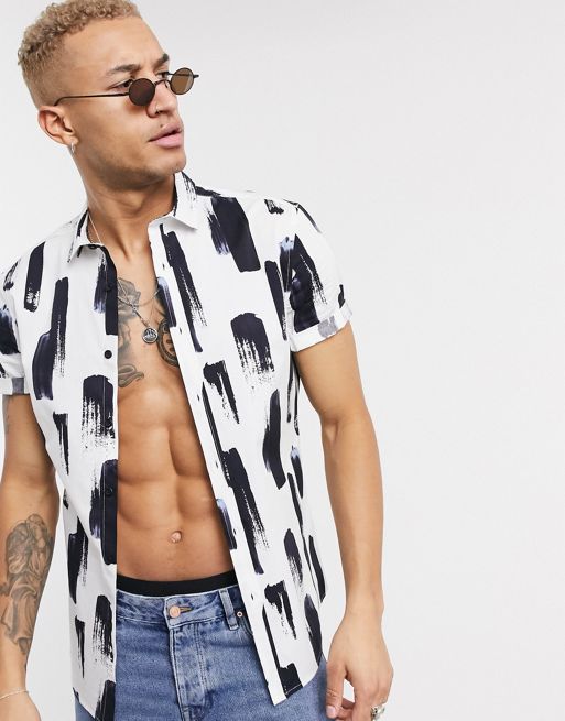 ASOS DESIGN slim fit shirt in abstract paint stroke print