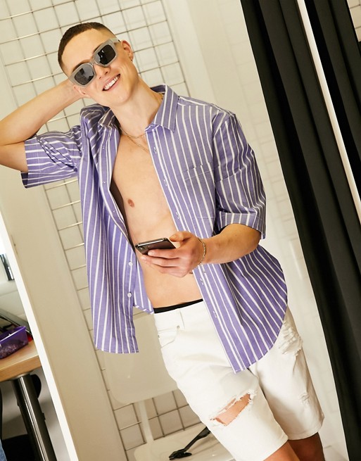 ASOS DESIGN slim fit shirt in blue & white stripe in short sleeves