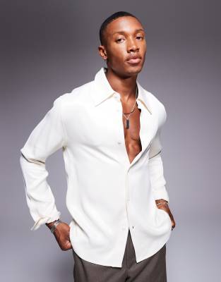Asos Design Slim Fit Shirt In Cream Satin-white