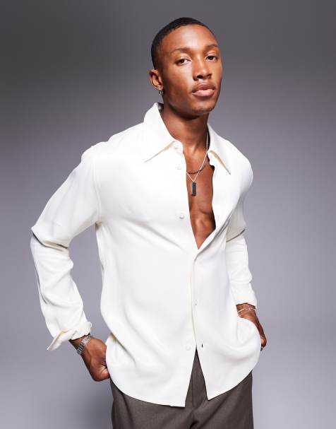 ASOS DESIGN slim fit shirt with 70s collar in cream satin - view 1
