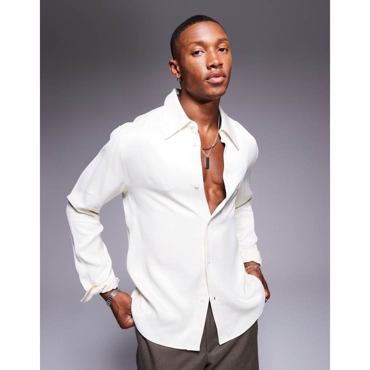 ASOS DESIGN slim fit shirt with 70s collar in cream satin | ASOS