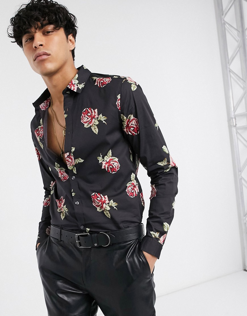 ASOS DESIGN slim fit shirt with floral print in black