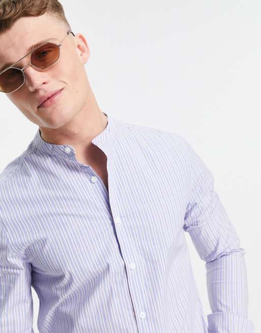 ASOS DESIGN slim fit shirt with grandad collar in blue