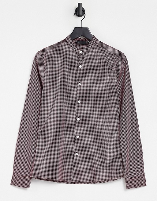 ASOS DESIGN slim fit shirt with grandad collar in burgundy check