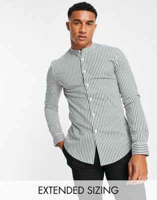 ASOS DESIGN slim fit shirt with grandad collar in khaki stripe
