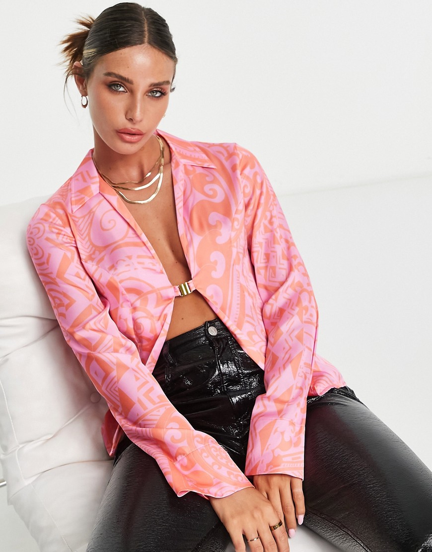 ASOS DESIGN slim fit shirt with hardware fastening in pink paisley print-Multi