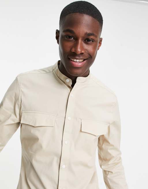 Asos Design Slim Fit Shirt With Pocket Detail And Grandad Collar In Stone Asos 9863