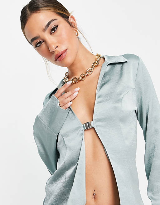 Tops Shirts & Blouses/slim fit shirt with split hem with hardware detail in baby blue 