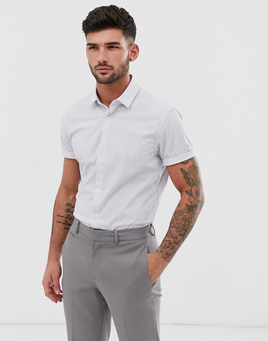 ASOS DESIGN slim fit shirt with square collar & short sleeve in stripe-Multi