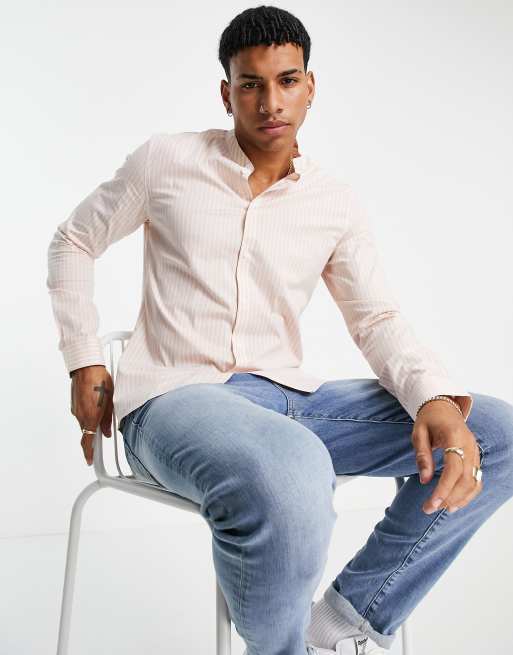 Asos Design Slim Fit Shirt With Vertical Stripe In Pink Asos 1914