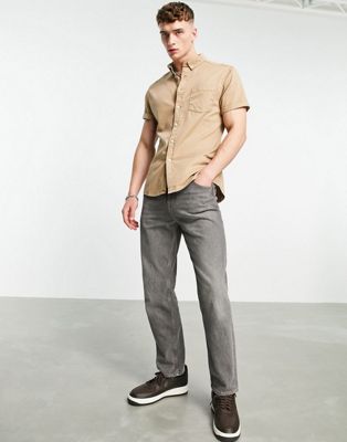 ASOS DESIGN slim fit short sleeve denim shirt in stone | ASOS
