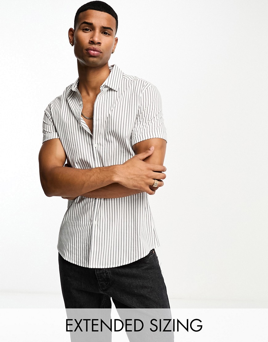 ASOS DESIGN slim fit short sleeve stripe shirt in white & black