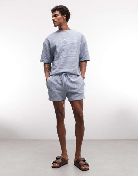 ASOS DESIGN – Slim-Fit-Shorts aus Jersey in Hellblau mit Kreuzschraffur-Struktur - view 1