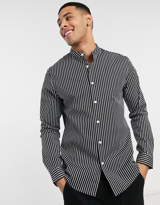 ASOS DESIGN slim fit smart shirt in black and white stripe with grandad collar