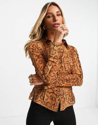 Asos Design Slim Fit Snake Print Shirt With Seam Detailing In Orange-multi