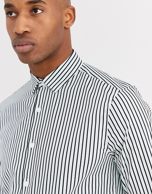 ASOS DESIGN slim fit stripe shirt in green & navy | ASOS