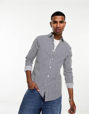 ASOS DESIGN slim fit stripe shirt in navy