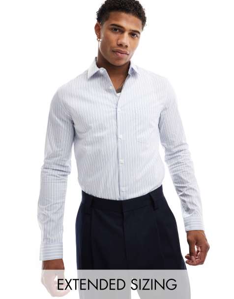 ASOS DESIGN slim fit stripe work shirt in blue and white  - view 1