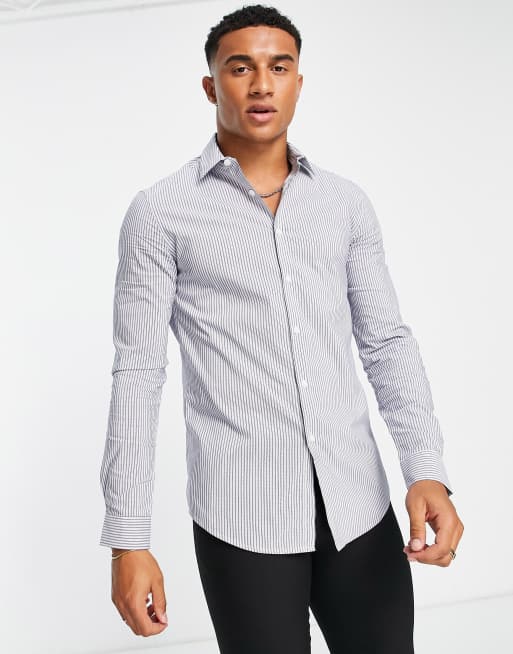 ASOS DESIGN slim fit stripe work shirt in blue | ASOS