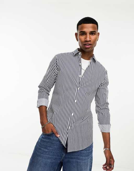 ASOS DESIGN slim fit striped shirt in navy | ASOS