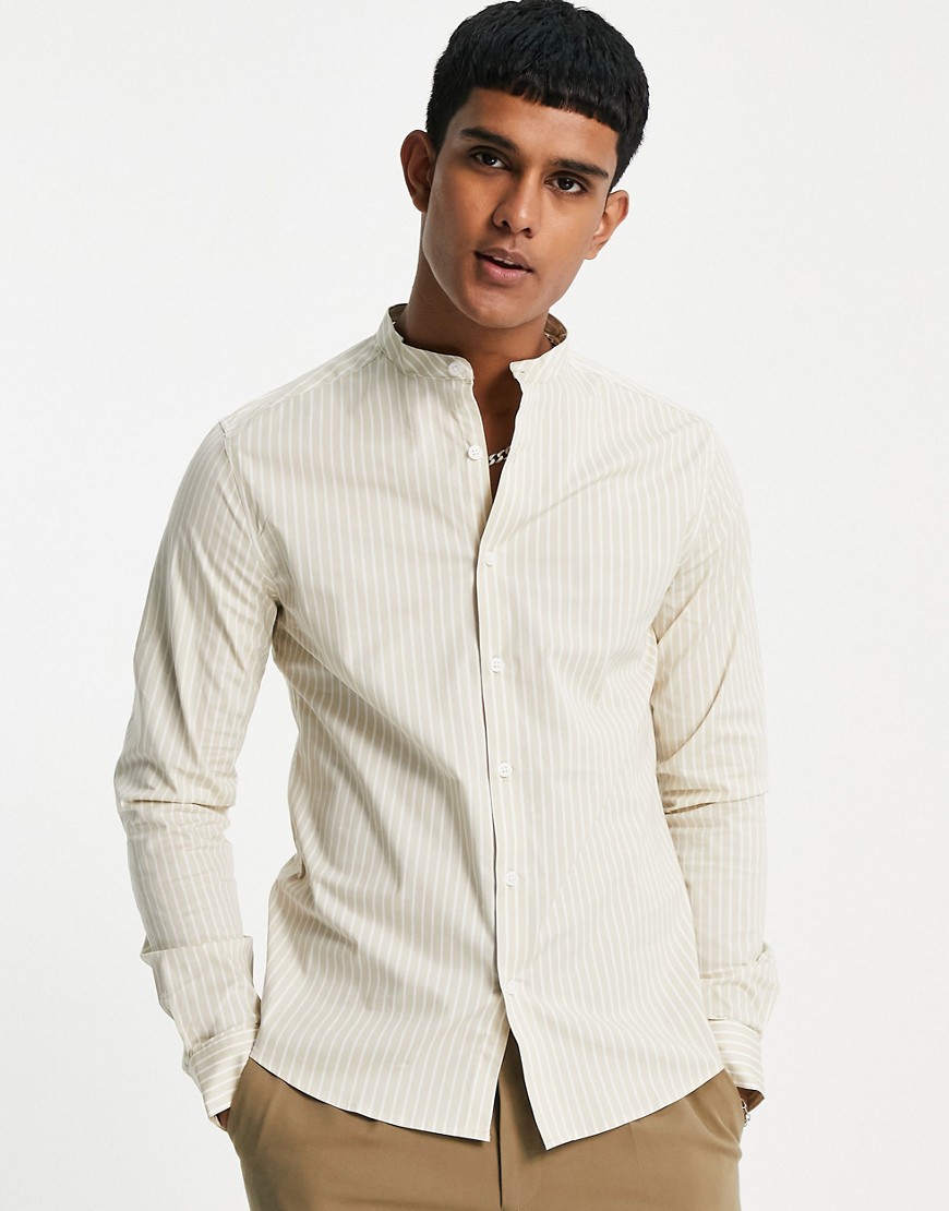 ASOS DESIGN slim fit striped shirt with grandad collar in gray-Neutral