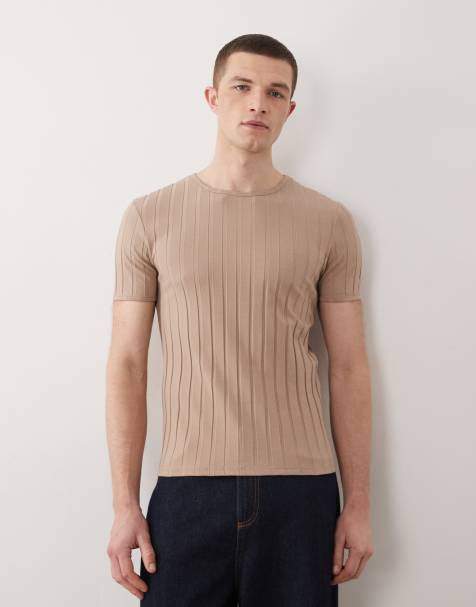 ASOS DESIGN – Slim-Fit-T-Shirt in Beige mit breiter Rippstruktur - view 1