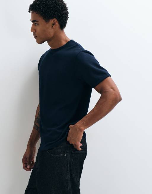 ASOS DESIGN slim fit t-shirt in navy smart waffle, 3 of 5