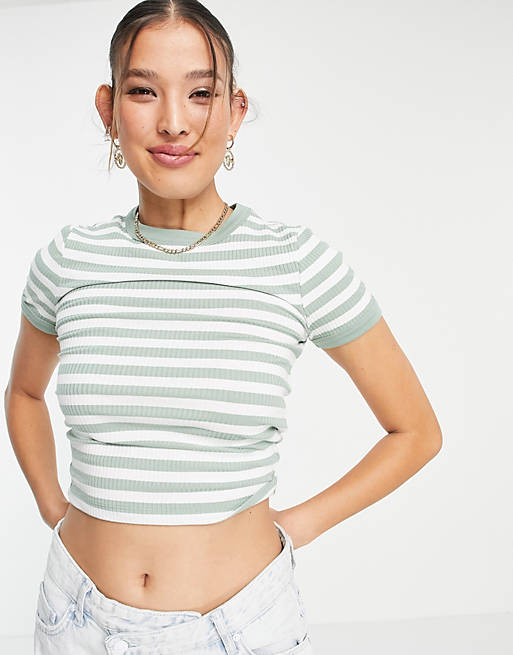 ASOS DESIGN slim fit t-shirt in rib in green and white stripe