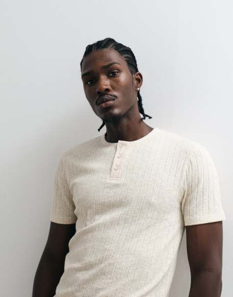ASOS DESIGN slim fit t-shirt med henley i neutral linnelook ribbad - view 1