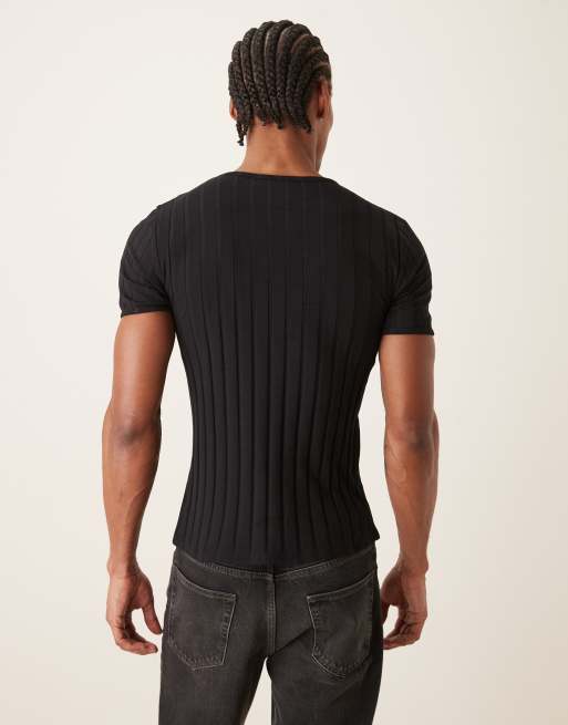 ASOS DESIGN - Slim-fit T-shirt met brede ribbels in zwart  , 3 van 5