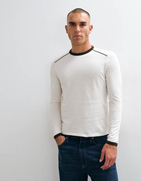 ASOS DESIGN slim-fit T-shirt met lange mouwen, contrasterende hals en manchetten in gebroken wit - view 1