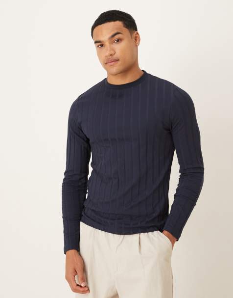 ASOS DESIGN - Slim-fit T-shirt met lange mouwen en brede ribbels in marineblauw - view 1