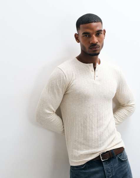 ASOS DESIGN slim-fit T-shirt met lange mouwen en henley in neutrale linnenlook met ribstructuur - view 1