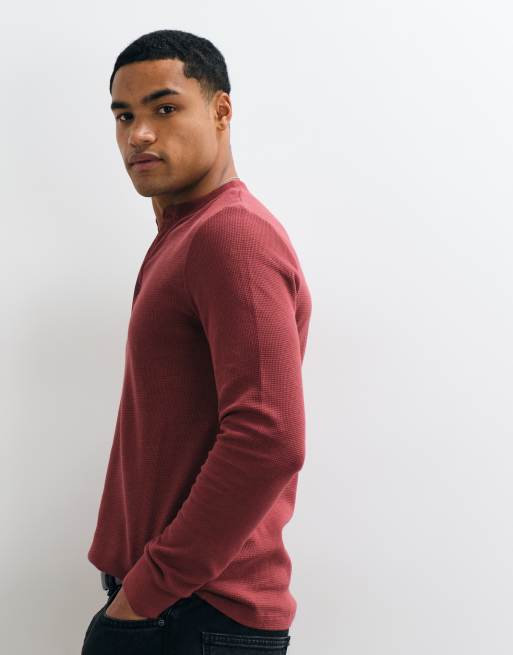 ASOS DESIGN slim fit T-shirt serafino a maniche lunghe in bordeaux a nido d'ape, 4 di 5