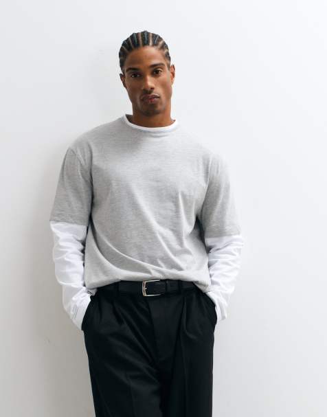 ASOS DESIGN slim fit T-shirt with double layer in gray heather and white - view 1