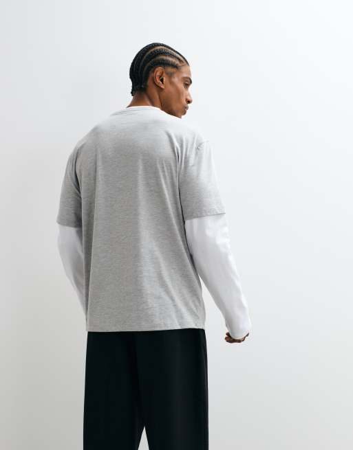 ASOS DESIGN slim fit T-shirt with double layer in gray heather and white, 4 of 5