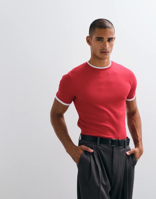 ASOS DESIGN slim fit t-shirt with double layer in red rib, 5 of 5