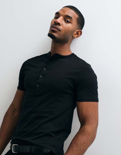 ASOS DESIGN slim fit t-shirt with henley neck in black - view 1