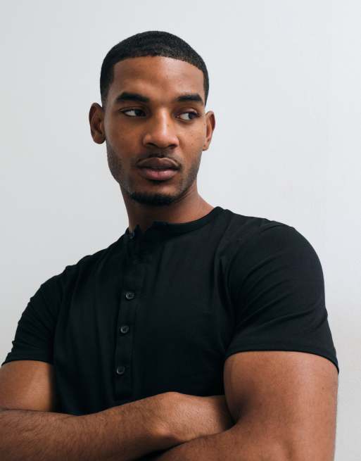 ASOS DESIGN slim fit t-shirt with henley neck in black, 5 of 5
