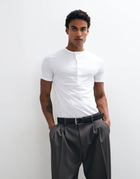 ASOS DESIGN slim fit t-shirt with henley neck in white - view 1