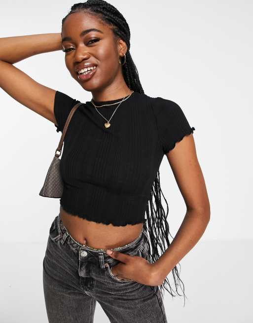 Black Basic Lettuce Hem Crop Rib Top