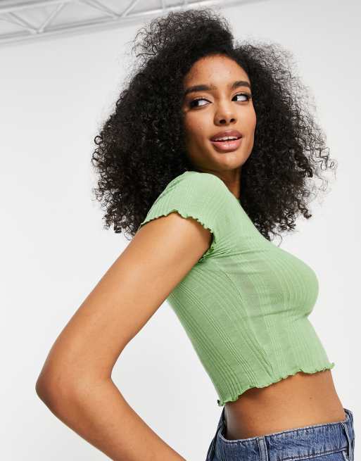 ASOS DESIGN slim fit t-shirt with lettuce hem in mixed rib in pale green