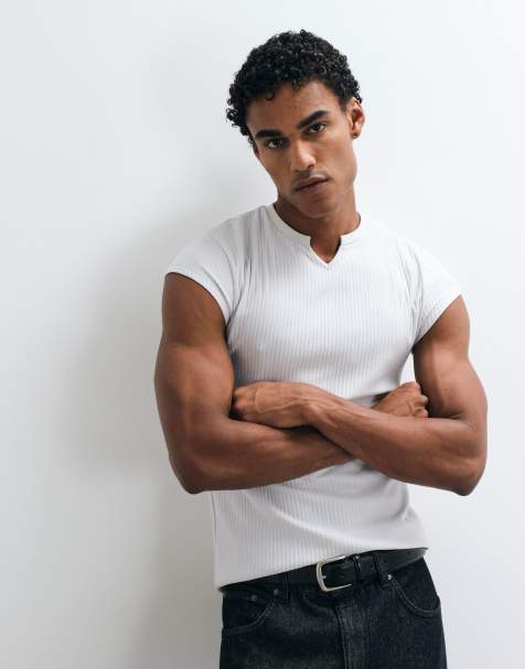ASOS DESIGN slim fit t-shirt with notch neck in gray texture - view 1