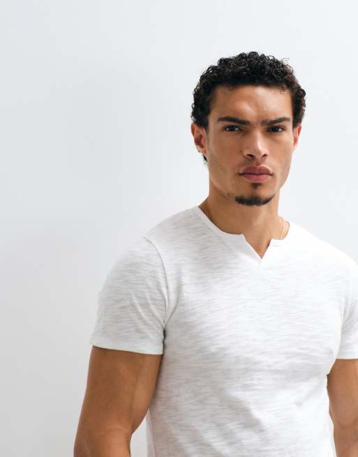 ASOS DESIGN slim fit T-shirt with notch neck in greige textured fabric, 3 of 5