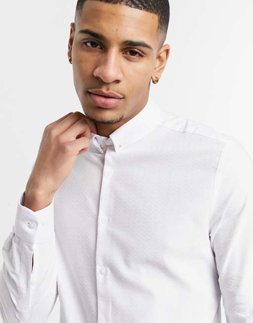 ASOS DESIGN slim fit textured shirt with collar bar | ASOS