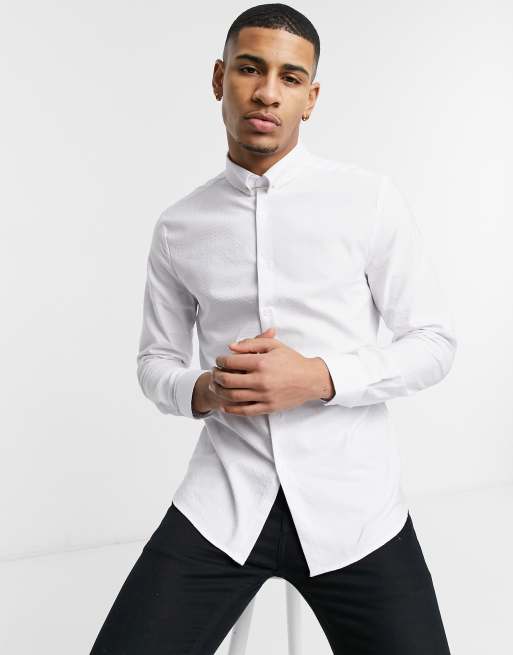 ASOS DESIGN slim fit textured shirt with collar bar | ASOS