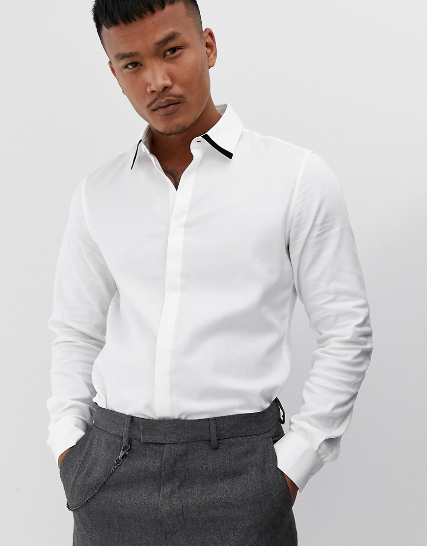 ASOS DESIGN slim fit textured twill shirt in white with contrast tipping