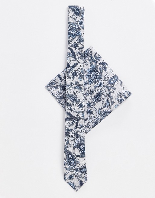 ASOS DESIGN slim fit tie & pocket square in blue paisley design
