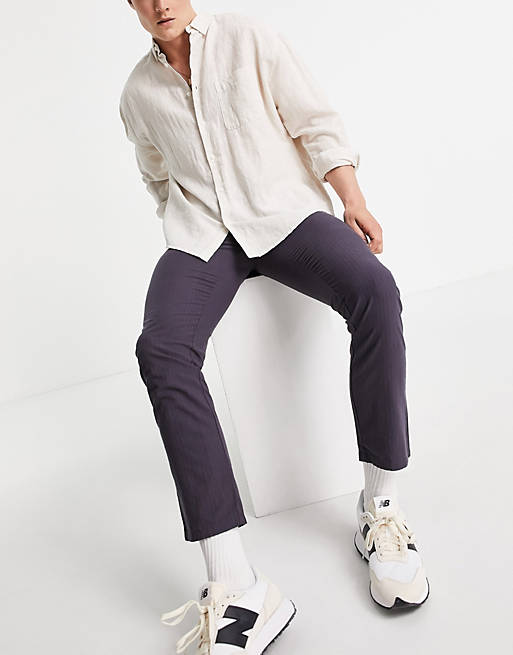 ASOS DESIGN slim fit trousers with elasticated waist in charcoal seersucker